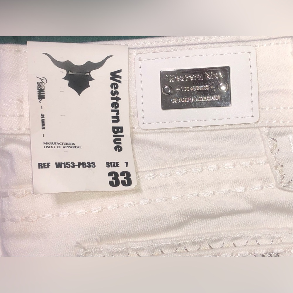 Western Blue Denim White Bootcut Jeans Size 7 33 W/Bull Tag And Horseshoe Charm - Picture 3 of 11